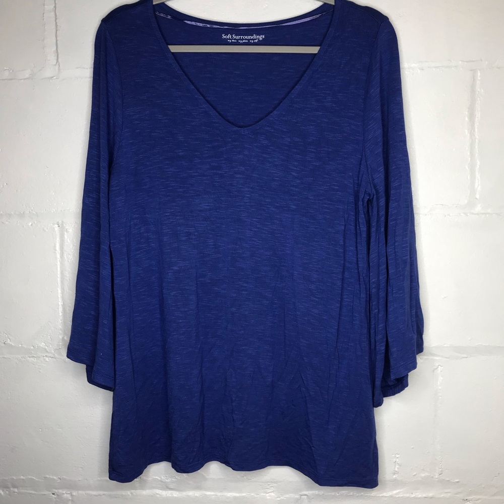 Soft Surroundings Women's Medium Blue V-Neck 3/4 Bell Sleeve Top Pullover
